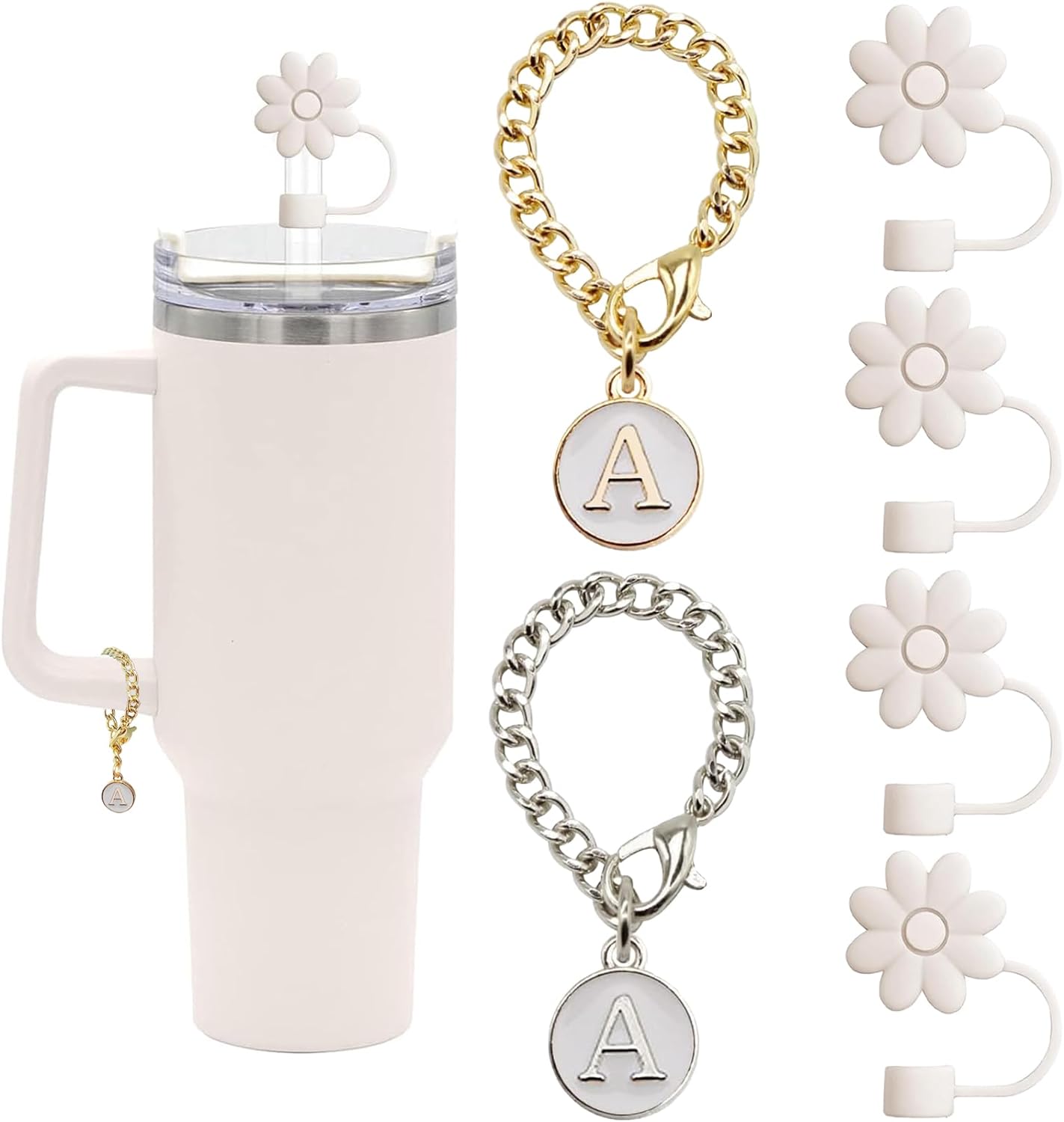 (4+2) 4PCS Flower Straw Covers Toppers for Stanley Cups 30&40 Oz Tumbler Silicone Straw Caps Tips with 2PCS Initial Letter Charms Personalized Stanley Tumblers Accessories(Off White+Letter A)