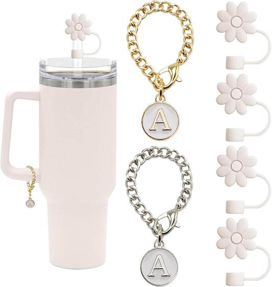 (4+2) 4PCS Flower Straw Covers Toppers for Stanley Cups 30&40 Oz Tumbler Silicone Straw Caps Tips with 2PCS Initial Letter Charms Personalized Stanley Tumblers Accessories(Off White+Letter A)