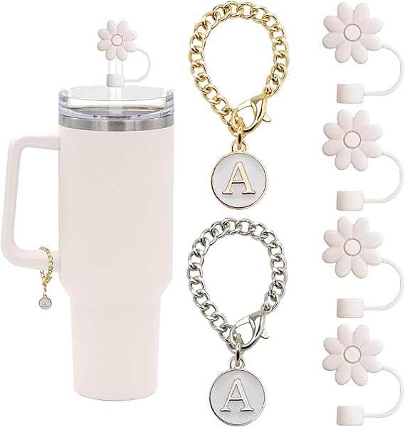 (4+2) 4PCS Flower Straw Covers Toppers for Stanley Cups 30&40 Oz Tumbler Silicone Straw Caps Tips with 2PCS Initial Letter Charms Personalized Stanley Tumblers Accessories(Off White+Letter A)