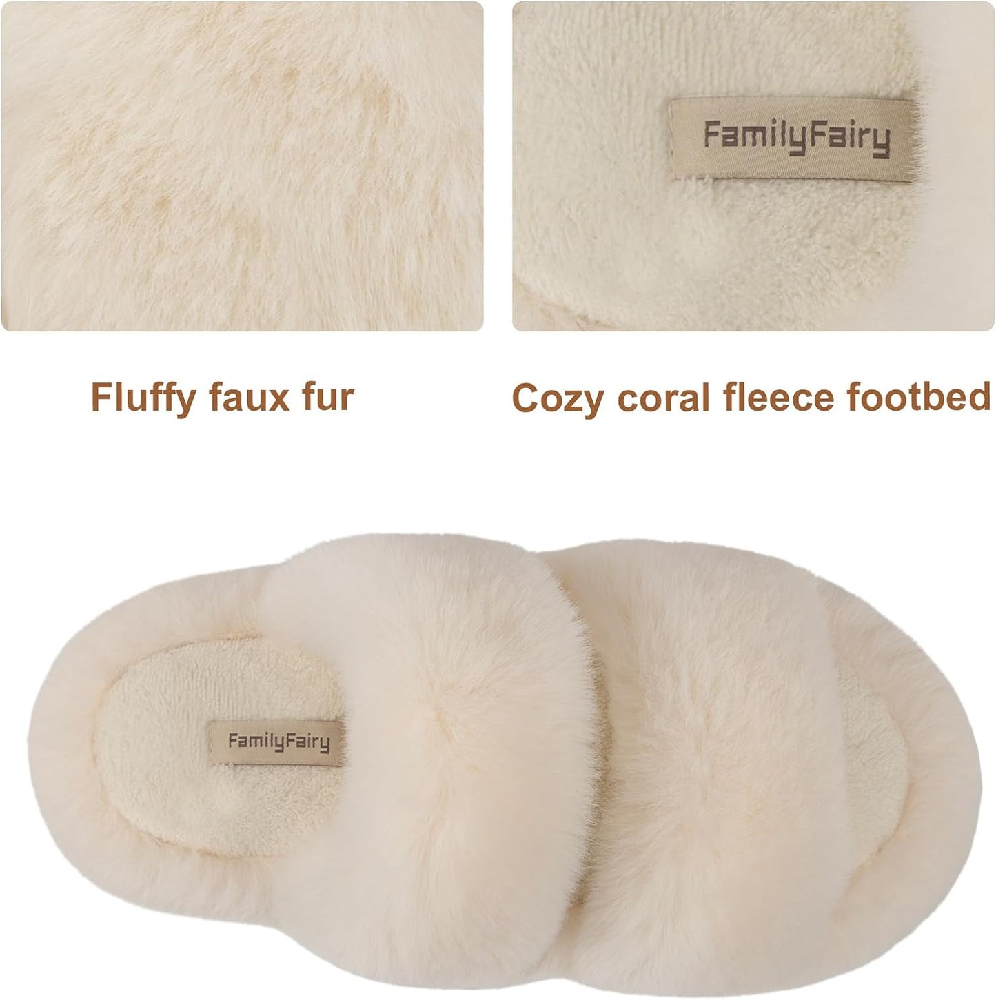 Women's Fluffy Faux Fur Slippers Comfy Open Toe Two Band Slides with Fleece Lining and Rubber Sole