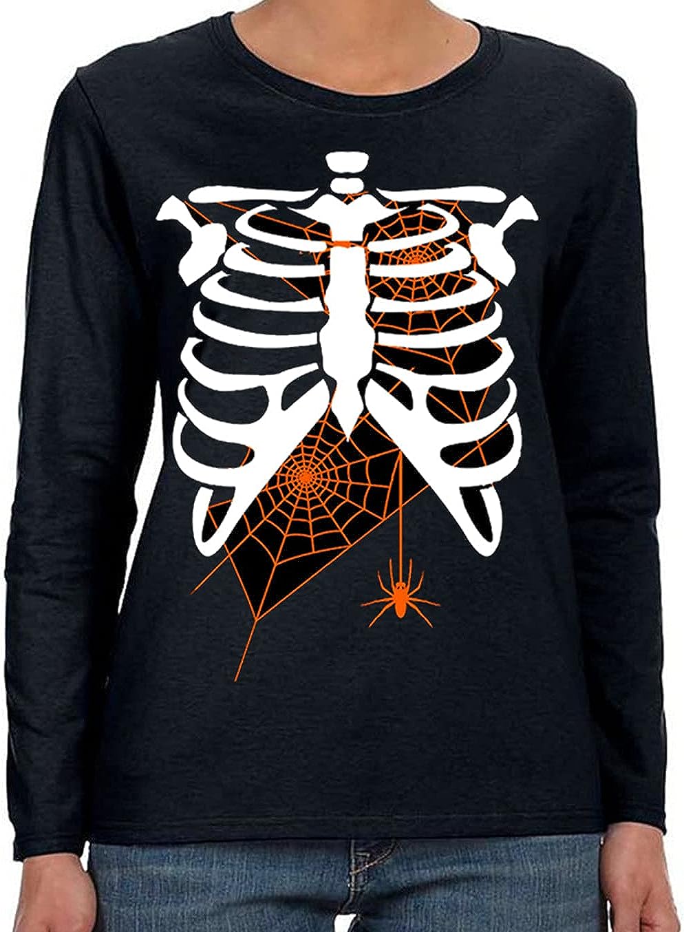 Women's Halloween Costume Pumpkin Skeleton T-Shirt Funny Long Sleeve Pullover Tops for Ladies