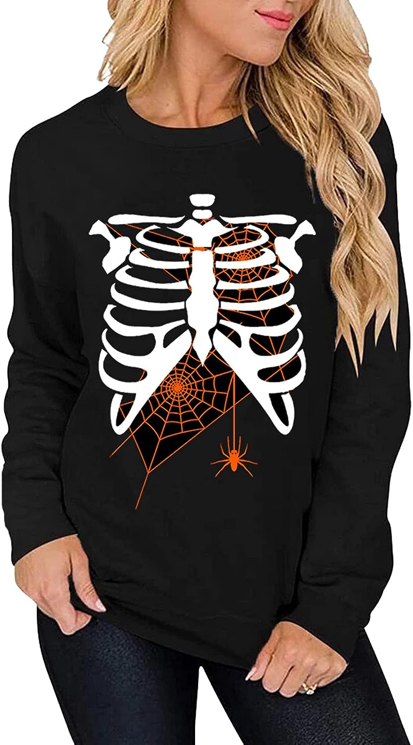Women's Halloween Costume Pumpkin Skeleton T-Shirt Funny Long Sleeve Pullover Tops for Ladies
