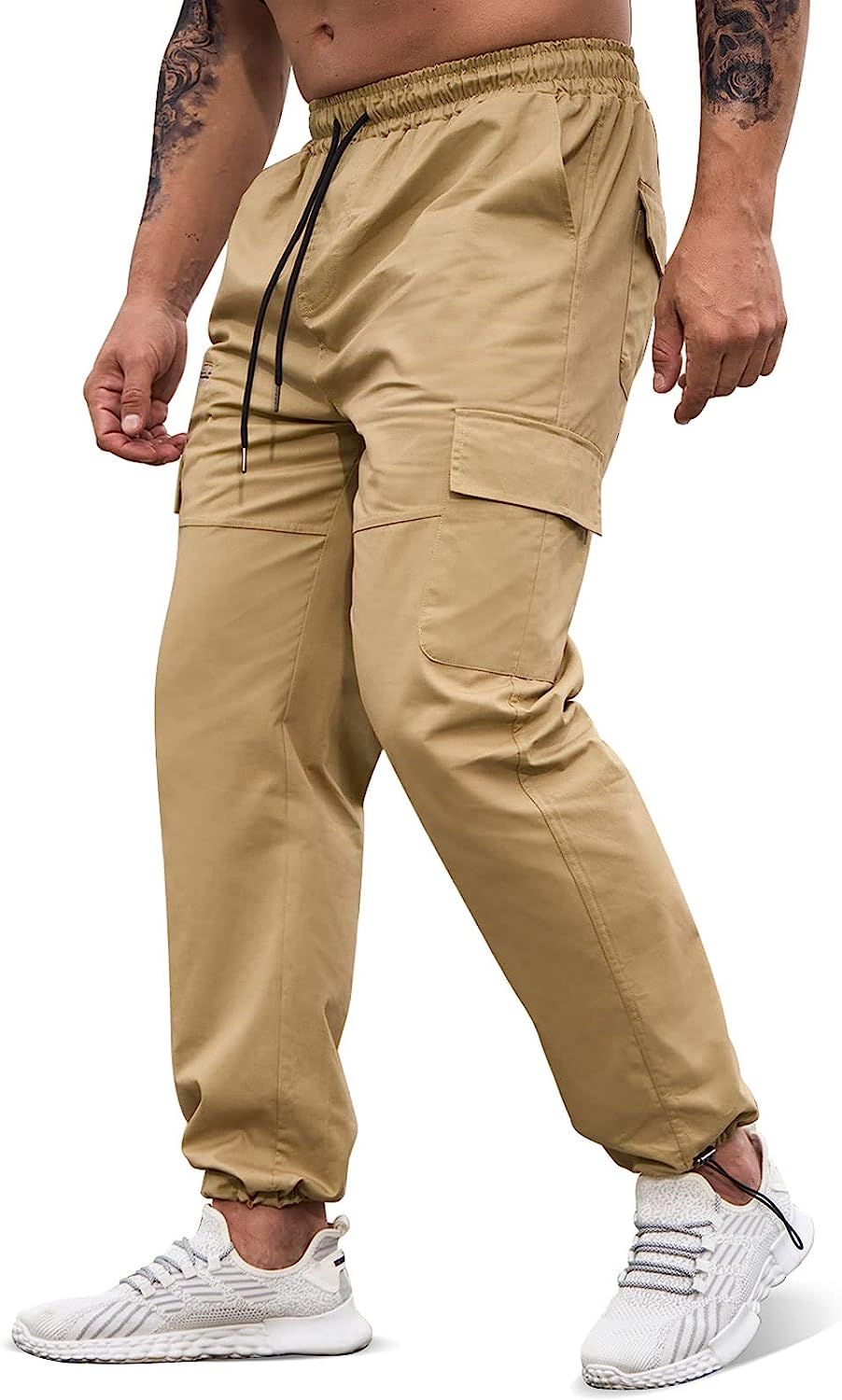 Men's Workout Cargo Pants Elastic Waist Joggers Hiking Outdoor Athletic Sweatpants Casual Long Trousers with Pockets