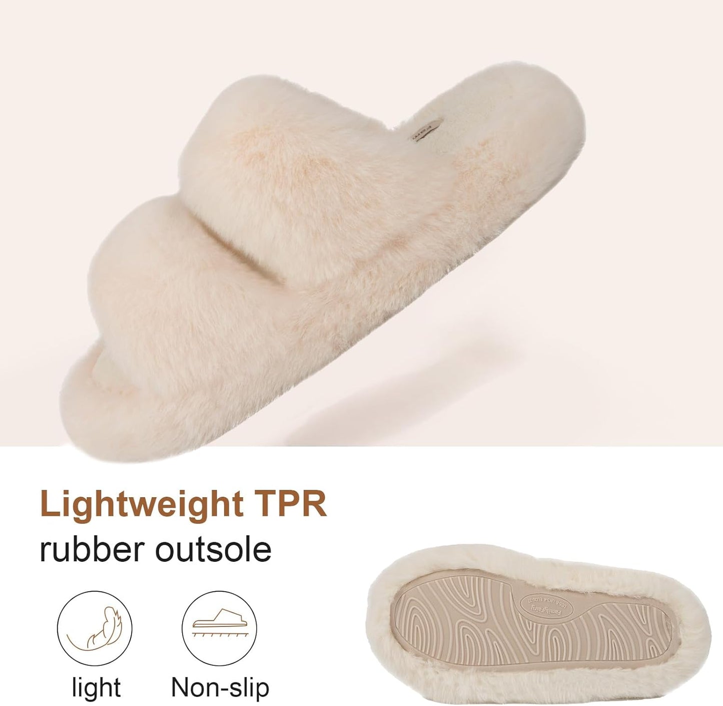 Women's Fluffy Faux Fur Slippers Comfy Open Toe Two Band Slides with Fleece Lining and Rubber Sole