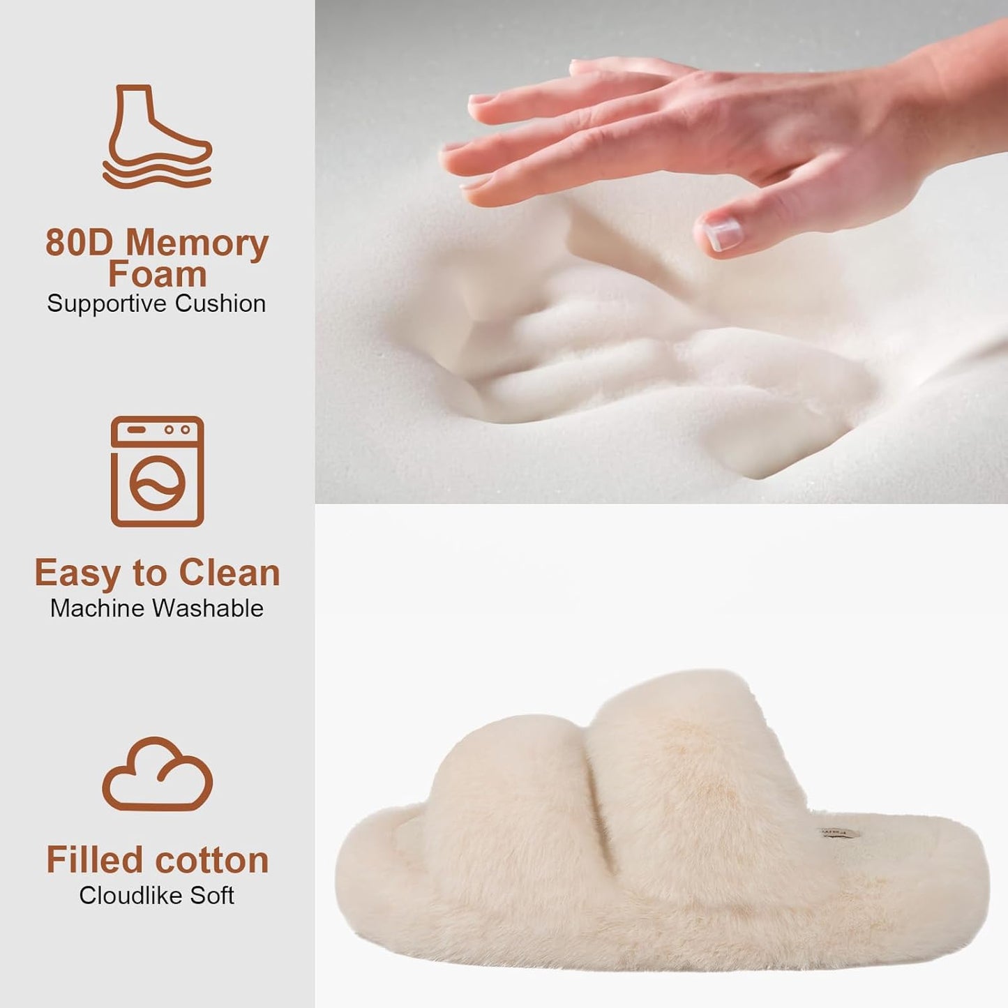 Women's Fluffy Faux Fur Slippers Comfy Open Toe Two Band Slides with Fleece Lining and Rubber Sole