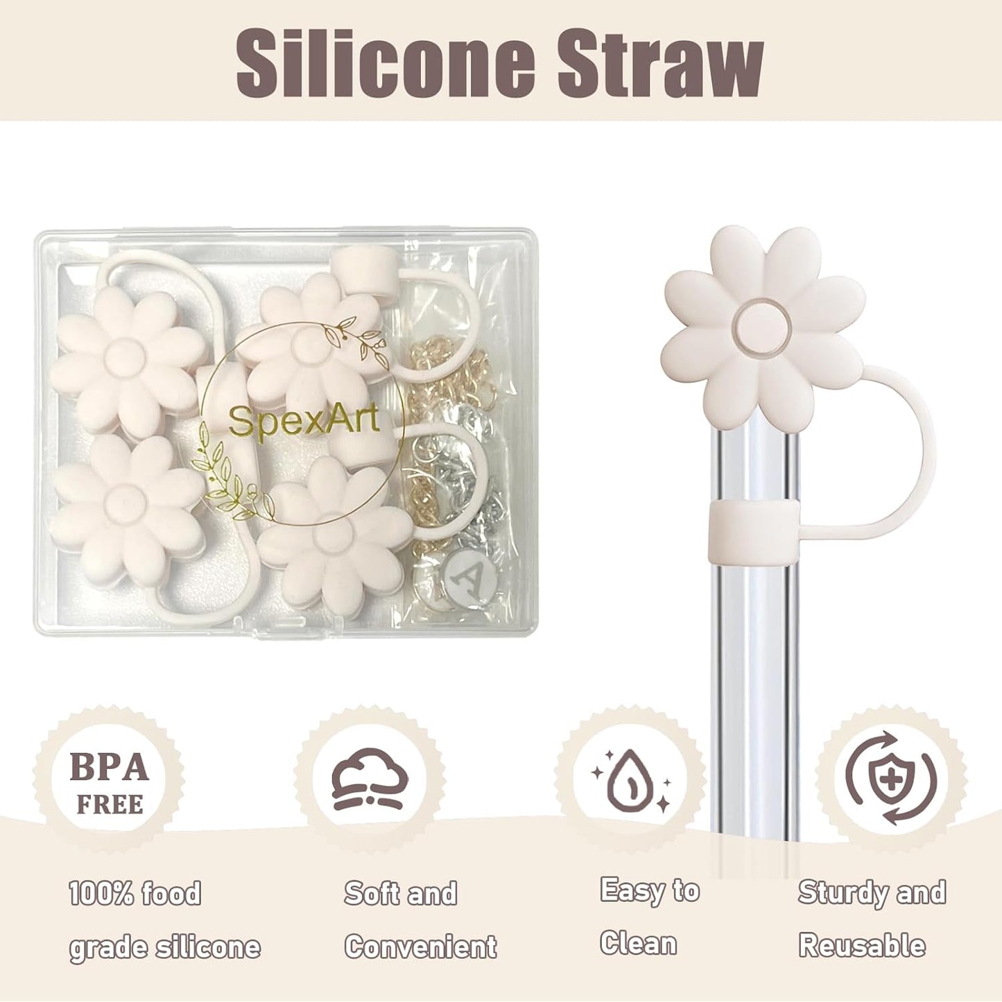 (4+2) 4PCS Flower Straw Covers Toppers for Stanley Cups 30&40 Oz Tumbler Silicone Straw Caps Tips with 2PCS Initial Letter Charms Personalized Stanley Tumblers Accessories(Off White+Letter A)