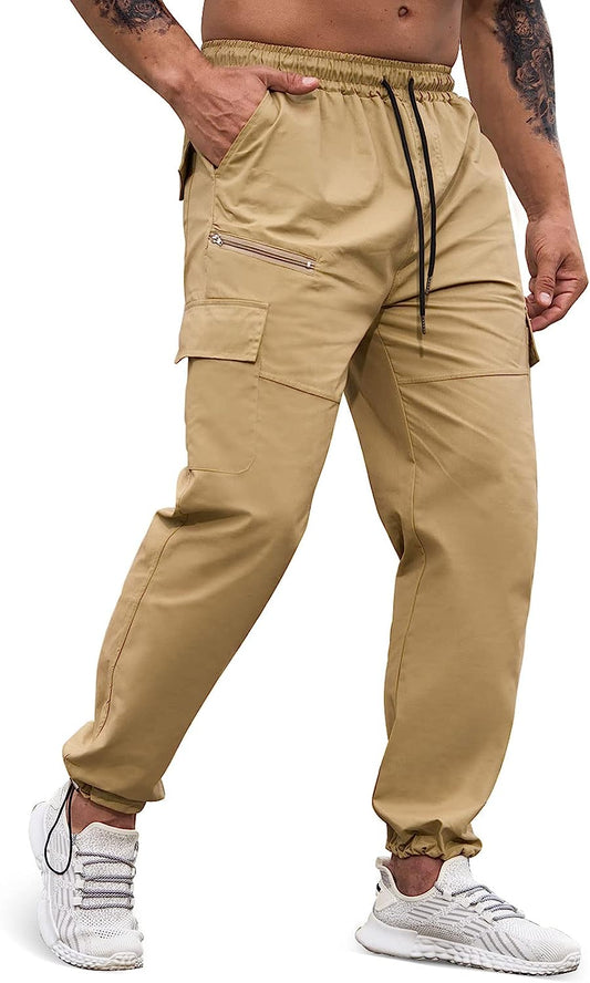 Men's Workout Cargo Pants Elastic Waist Joggers Hiking Outdoor Athletic Sweatpants Casual Long Trousers with Pockets