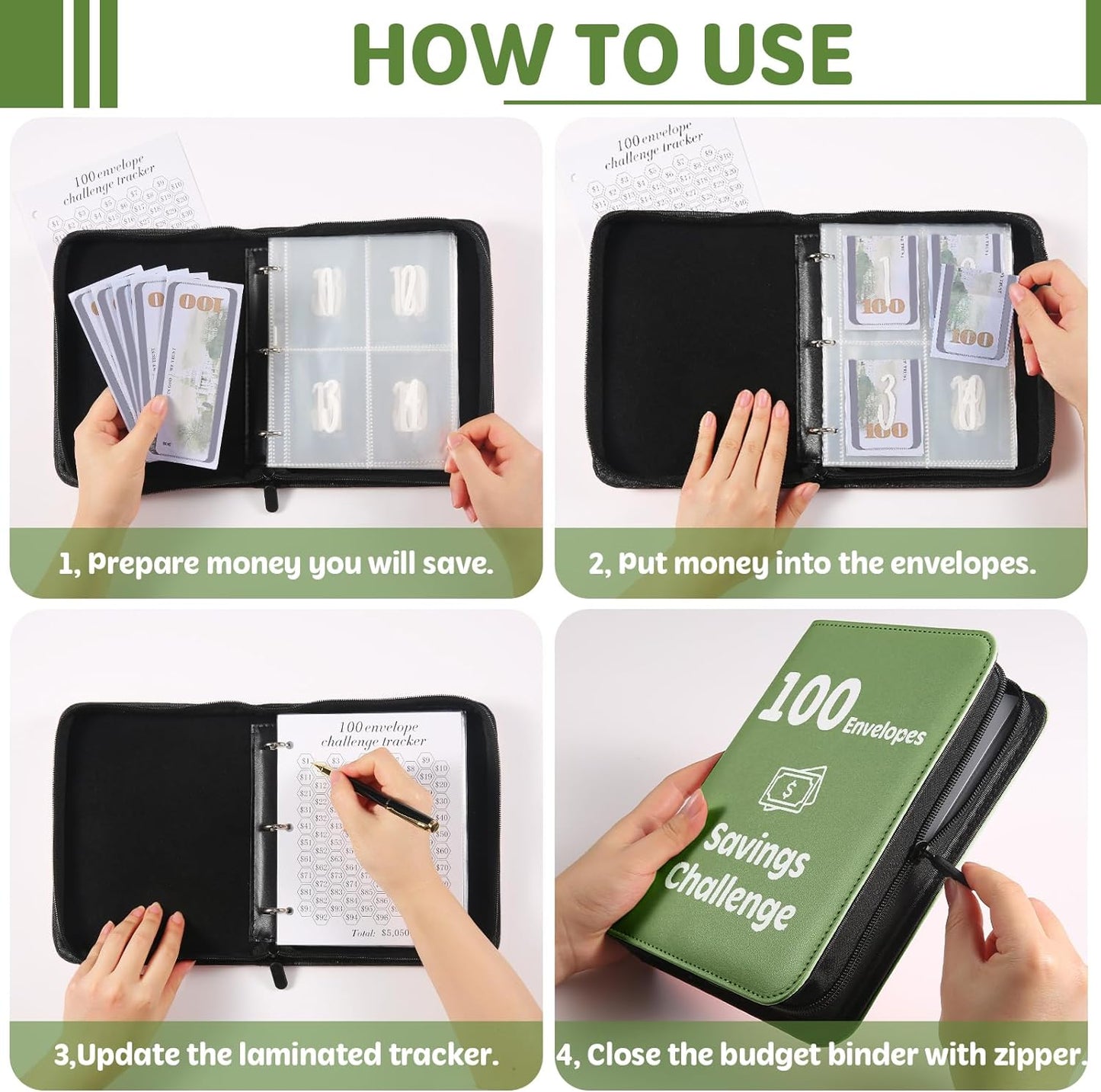 100 Envelopes Money Saving Challenge Binder with Laminated Tracker, PU Money Saving Challenge Budget Binder with Cash Envelopes, Savings Challenge Book with Zipper