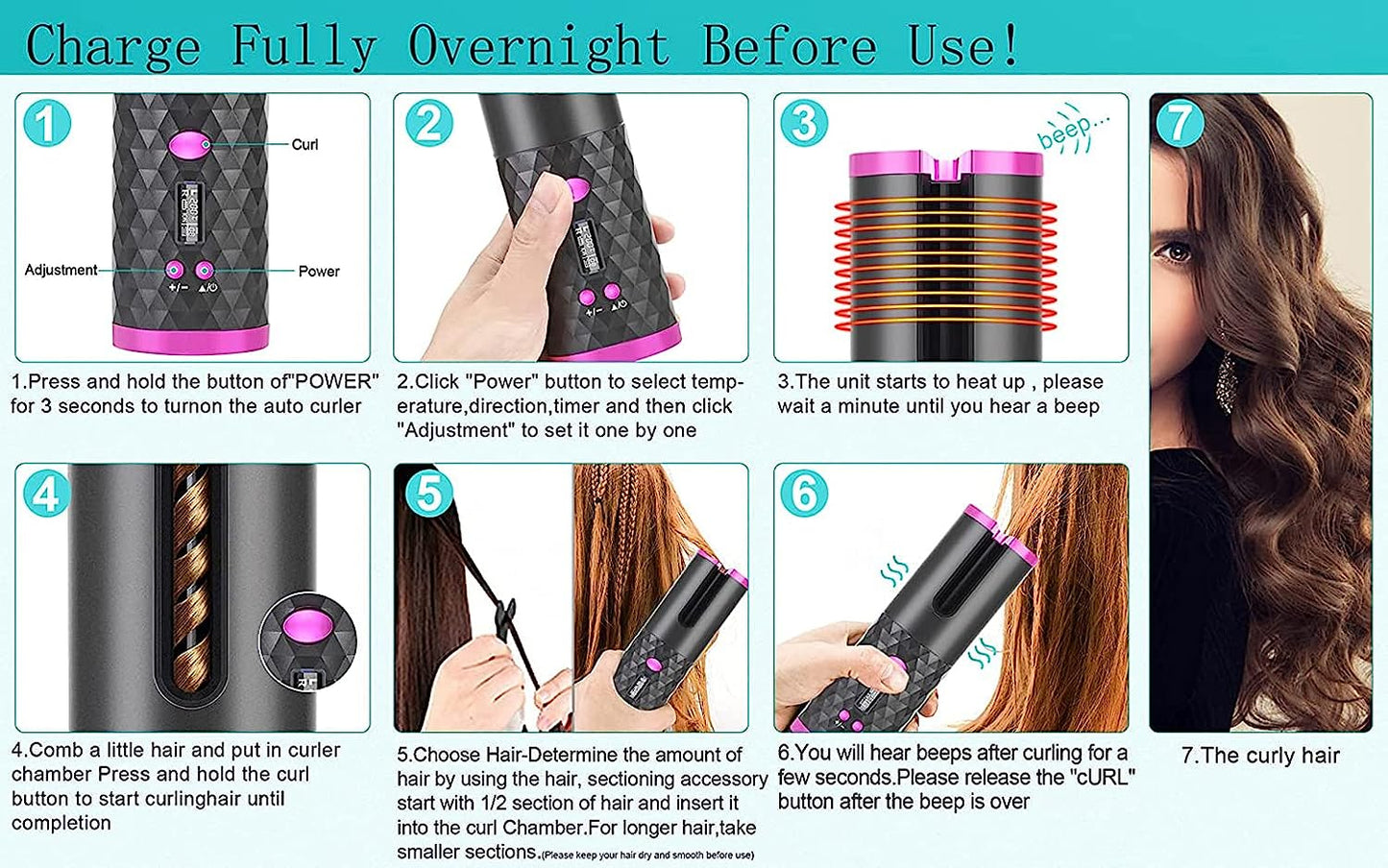 Cordless Auto Hair Curler, Automatic Curling Iron with LCD Display Adjustable Timer & Temperature, Portable Rotating Ceramic Barrel Curling Wand Fast Heating Hair Curler