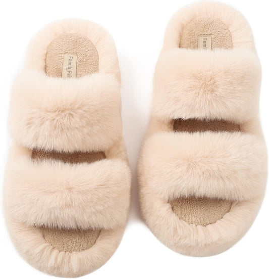 Women's Fluffy Faux Fur Slippers Comfy Open Toe Two Band Slides with Fleece Lining and Rubber Sole