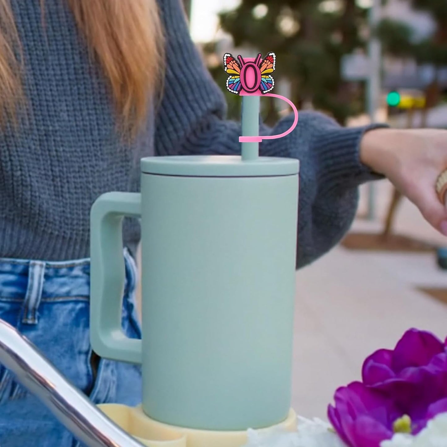 Silicone Straw Cover for Stanley Cup, Initial Letter Straw Cover, Beautiful Butterfly Style, Compatible with Stanley 40&30 Oz Tumbler (O)