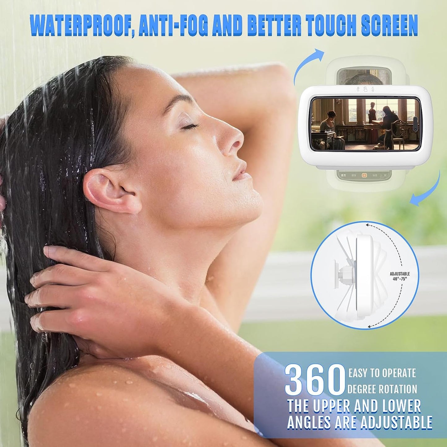 Waterproof Shower Phone Holder 360° Rotation, Shower Phone Holder Anti Fog High Sensitivity Touch Screen Wall Mount for Bathroom, Shower Phone Stand Compatible with Phones up to 7 Inches Grey