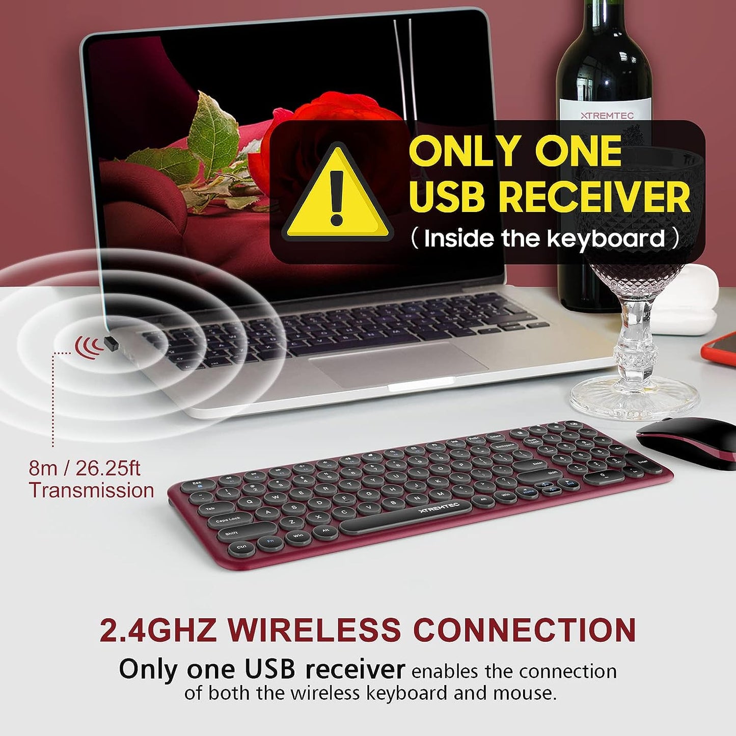 Wireless Keyboard and Mouse, XTREMTEC 2.4G Full Size Wireless Keyboard Mouse Combo - Ultra Slim Silent Cute Computer Keyboard with USB Receiver for Windows, OS, PC, Desktop, Mac, Tablet (Wine Red)
