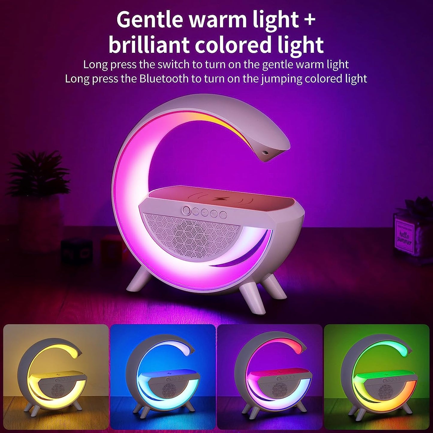 Table Lamp with Wireless Charger, Ambient Lighting with Bluetooth Speakers, 15w Qi Wireless Charger, Dazzling Running Lights Table Lamps, Colour Changing Bedside Lamp, Mood lighting/Gifts (White)