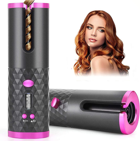 Cordless Auto Hair Curler, Automatic Curling Iron with LCD Display Adjustable Timer & Temperature, Portable Rotating Ceramic Barrel Curling Wand Fast Heating Hair Curler