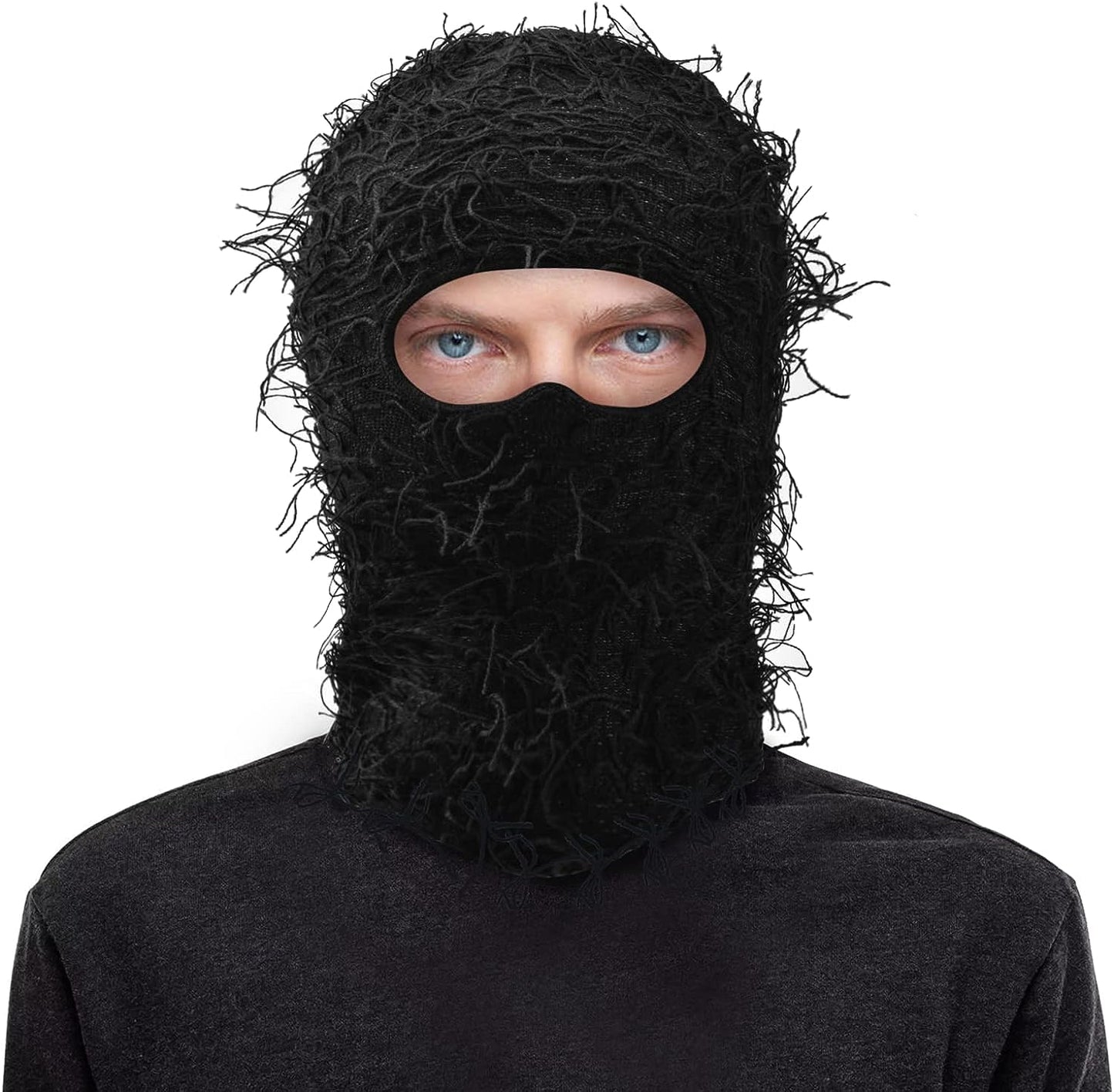 Distressed Knitted Balaclava Full Face Ski Windproof Neck Warmer for Men Women, One Size Fits All Black