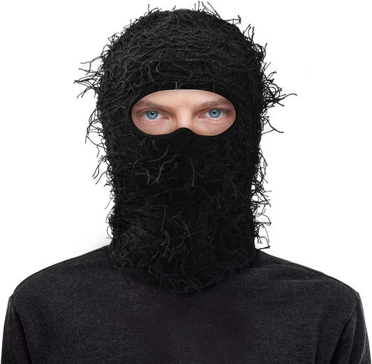 Distressed Knitted Balaclava Full Face Ski Windproof Neck Warmer for Men Women, One Size Fits All Black