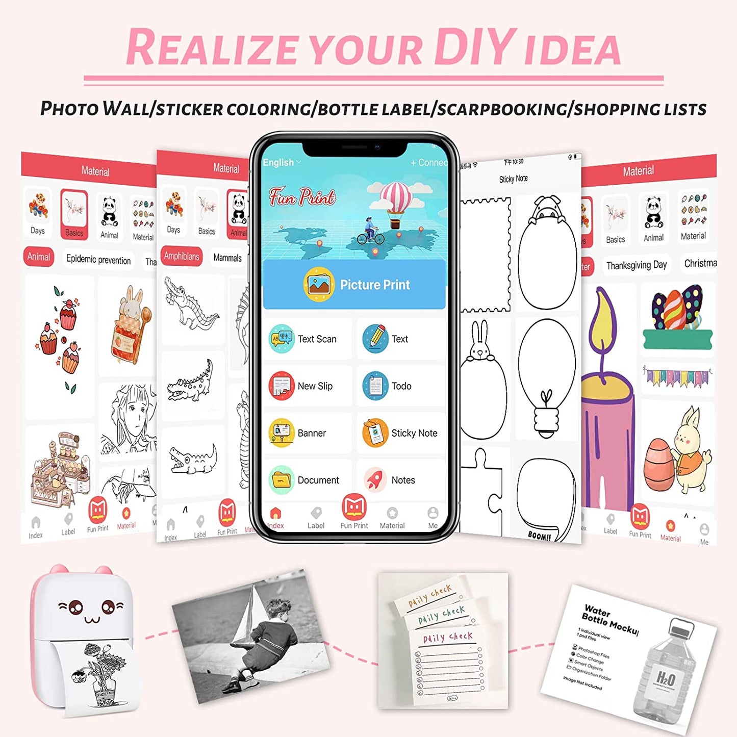 Mini Pocket Printer, Gifts for kids, Portable Thermal Printer for Pictures/Retro-Style Photos/Receipts/Notes/Lists/Label/ Memo/QR Codes, Bluetooth Wireless Smart Printer with Android or iOS APP (PINK)