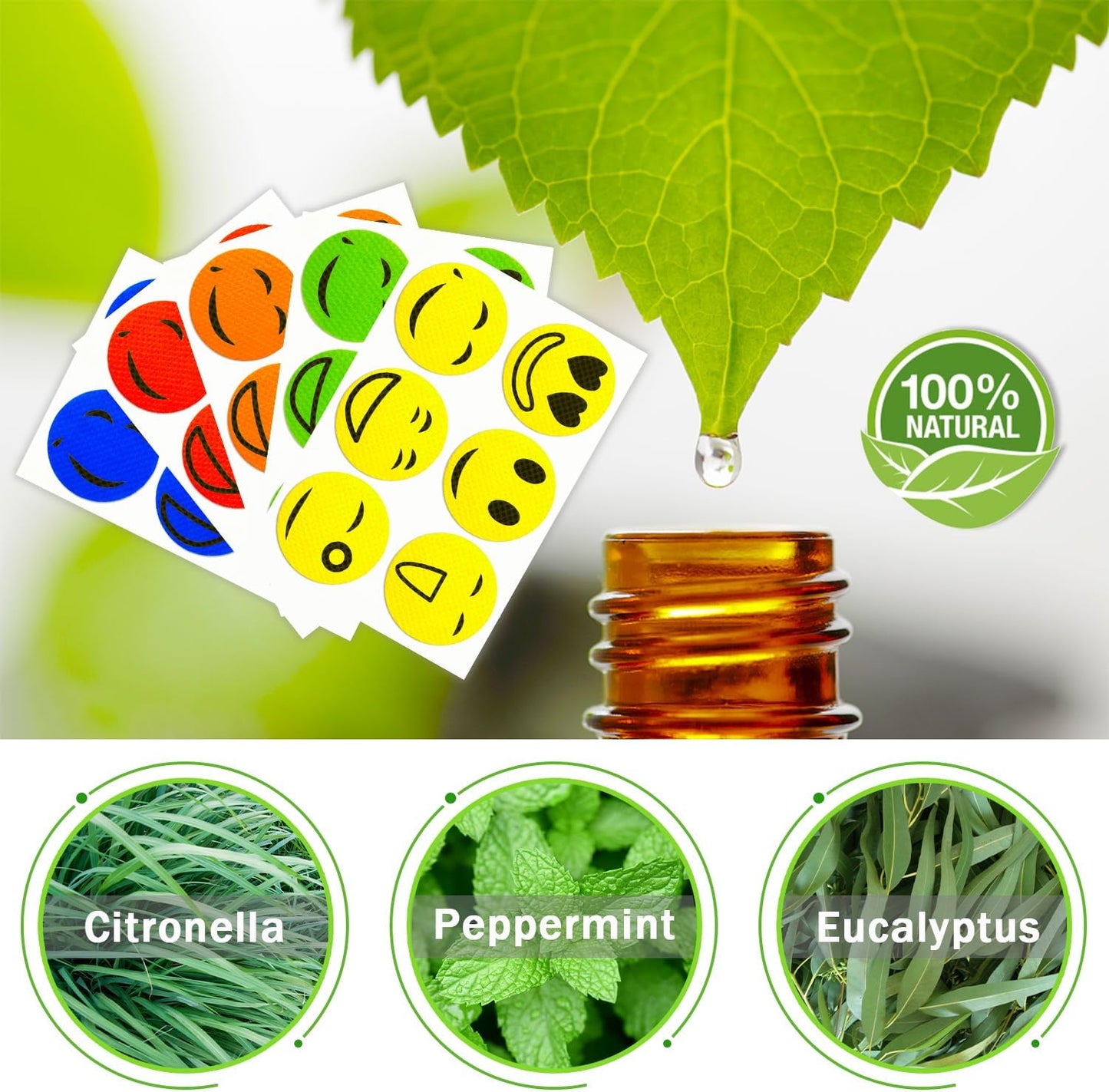 Mosquito Repellent Stickers 300 Pcs, Smiley Mosquito Patches for Kids and Adults with 2 Pack Individually Wrapped Mosquito Repellent Bracelets, DEET Free Mosquito Repellent Bands for Outdoor Camping