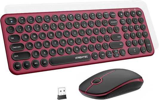 Wireless Keyboard and Mouse, XTREMTEC 2.4G Full Size Wireless Keyboard Mouse Combo - Ultra Slim Silent Cute Computer Keyboard with USB Receiver for Windows, OS, PC, Desktop, Mac, Tablet (Wine Red)