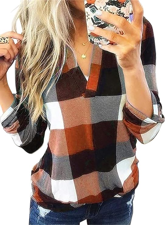 Womens Basic Casual V Neck Plaid Print Cotton Cuffed Long Sleeve Work Tops Blouses Shirts S-5XL