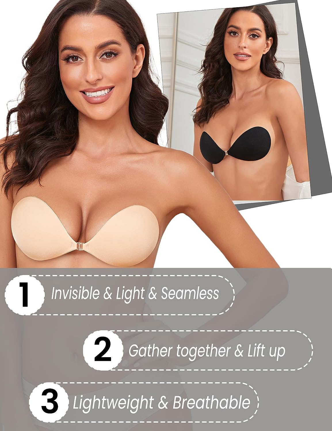 Adhesive Silicone Sticky Strapless Bra Push Up Invisible Bras for Women Reusable Breast Lift Bra with Nipple Covers