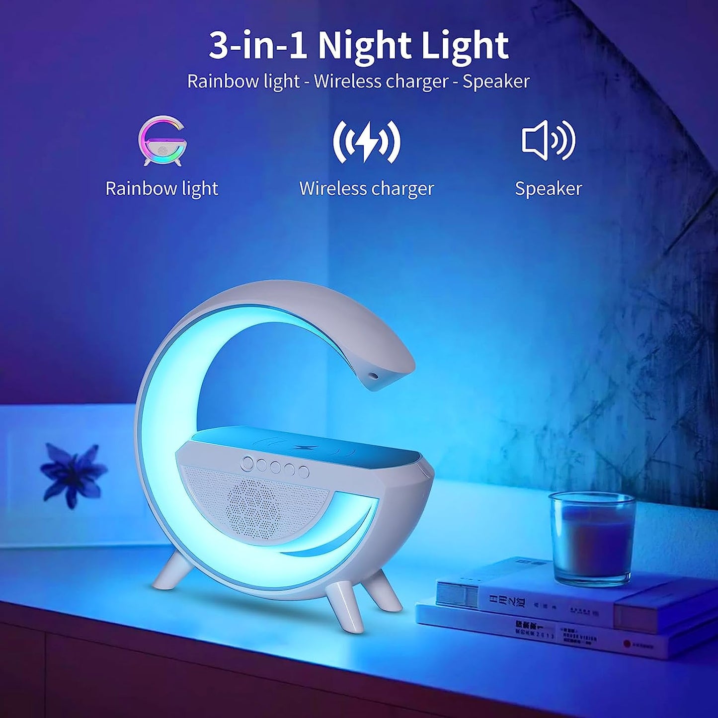Table Lamp with Wireless Charger, Ambient Lighting with Bluetooth Speakers, 15w Qi Wireless Charger, Dazzling Running Lights Table Lamps, Colour Changing Bedside Lamp, Mood lighting/Gifts (White)