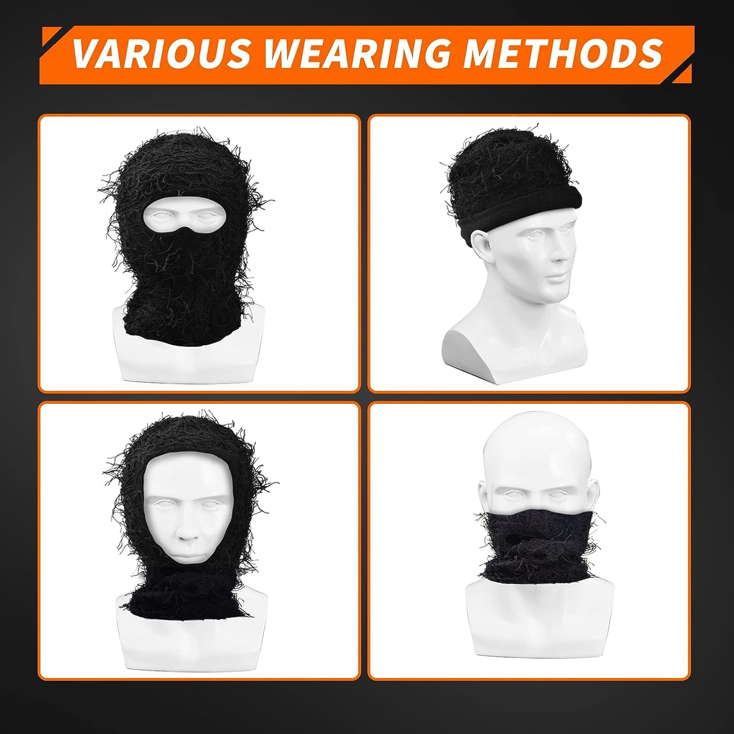 Distressed Knitted Balaclava Full Face Ski Windproof Neck Warmer for Men Women, One Size Fits All Black
