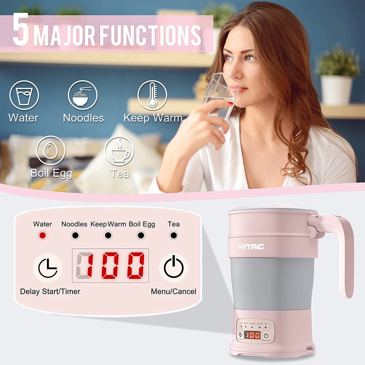 Travel Electric Kettle, 700ML Foldable Small Electric Kettle BPA-Free, Portable Electric Kettle with Multifunctional Panel, Collapsible Hot Water Kettle with Keep Warm & Delay Start, 110V Pink