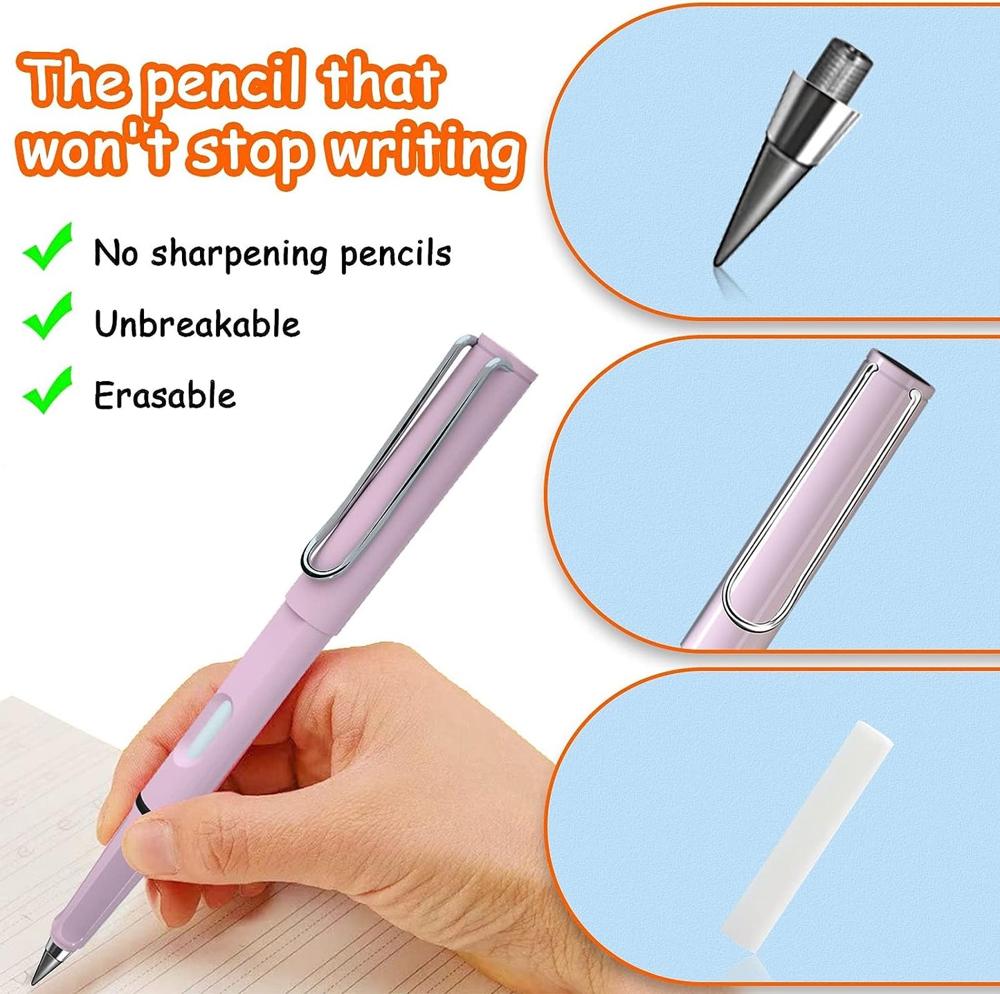 6 Pcs Inkless Pencils Eternal with Pencil Case, Everlasting Pencil with 6 pcs Replacement Nibs, Infinite Pencil, Unlimited Writing Pencil, Reusable Erasable Pencil for Student Artist Writing Drawing