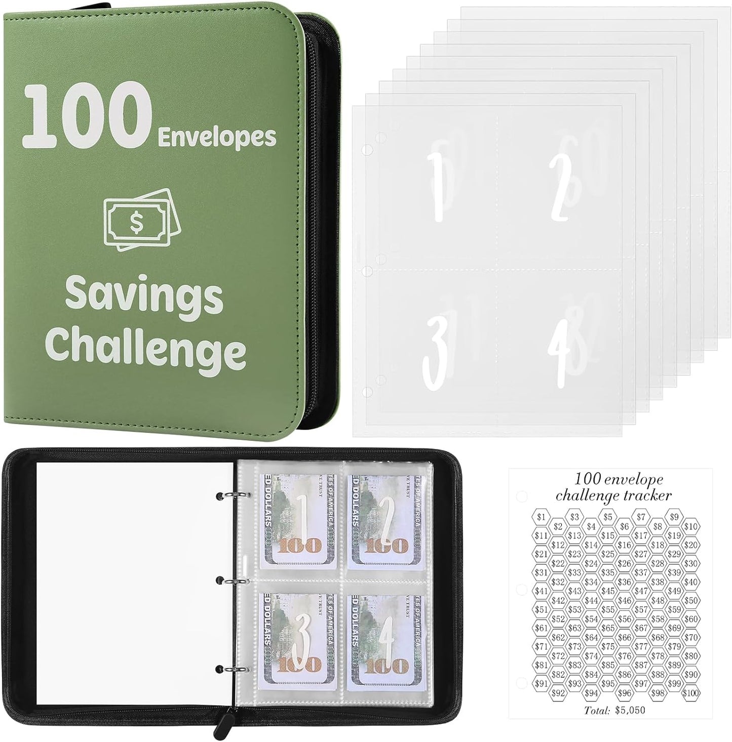 100 Envelopes Money Saving Challenge Binder with Laminated Tracker, PU Money Saving Challenge Budget Binder with Cash Envelopes, Savings Challenge Book with Zipper