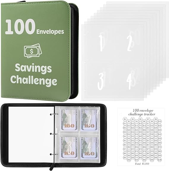 100 Envelopes Money Saving Challenge Binder with Laminated Tracker, PU Money Saving Challenge Budget Binder with Cash Envelopes, Savings Challenge Book with Zipper