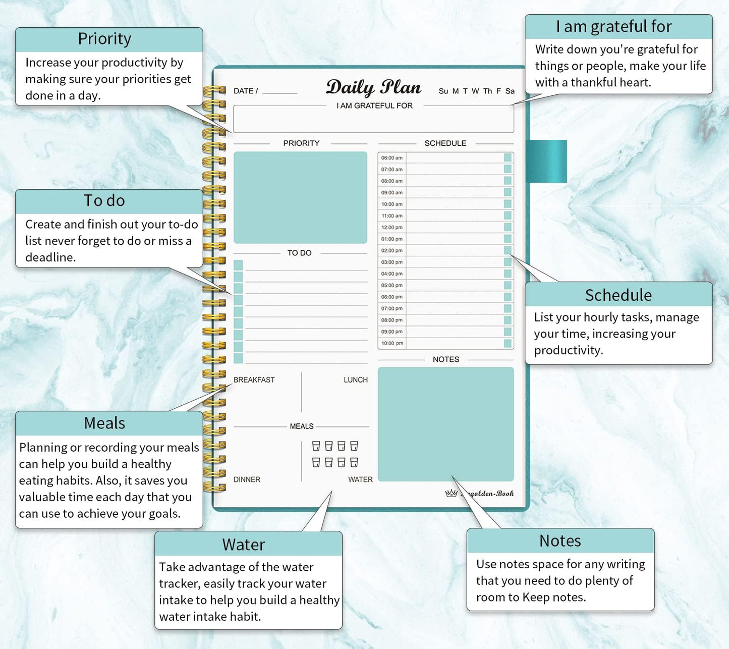 Daily Planner Undated, To Do List Notebook with Hourly Schedule Calendars Meal, Spiral Appointment Organizers Notebook for Man/Women, Pocket,Pen Loop, 160 Pages (7x10")