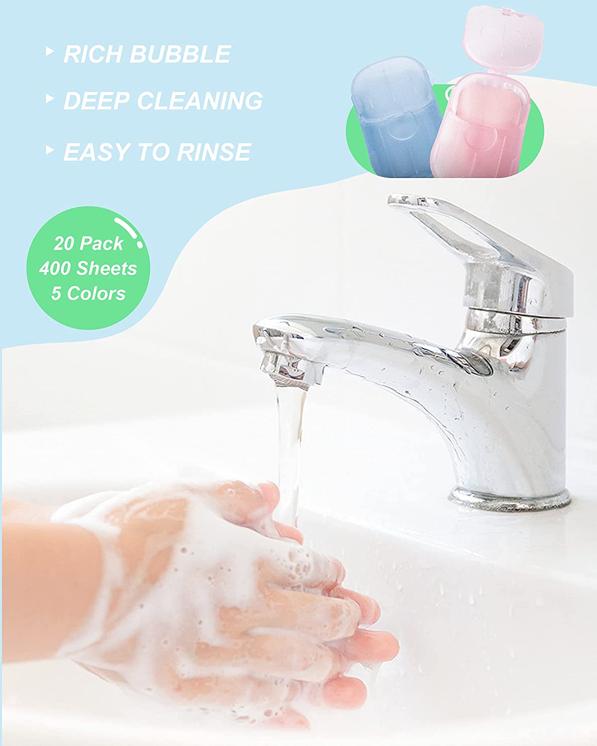 DF DUALFERV Paper Soap Sheets, 20 Pack (400 Sheets) Soap Sheets for Hand Washing, Disposable Portable Travel Soap Camping Soap, Kids Hand Soap for Travel Outdoor