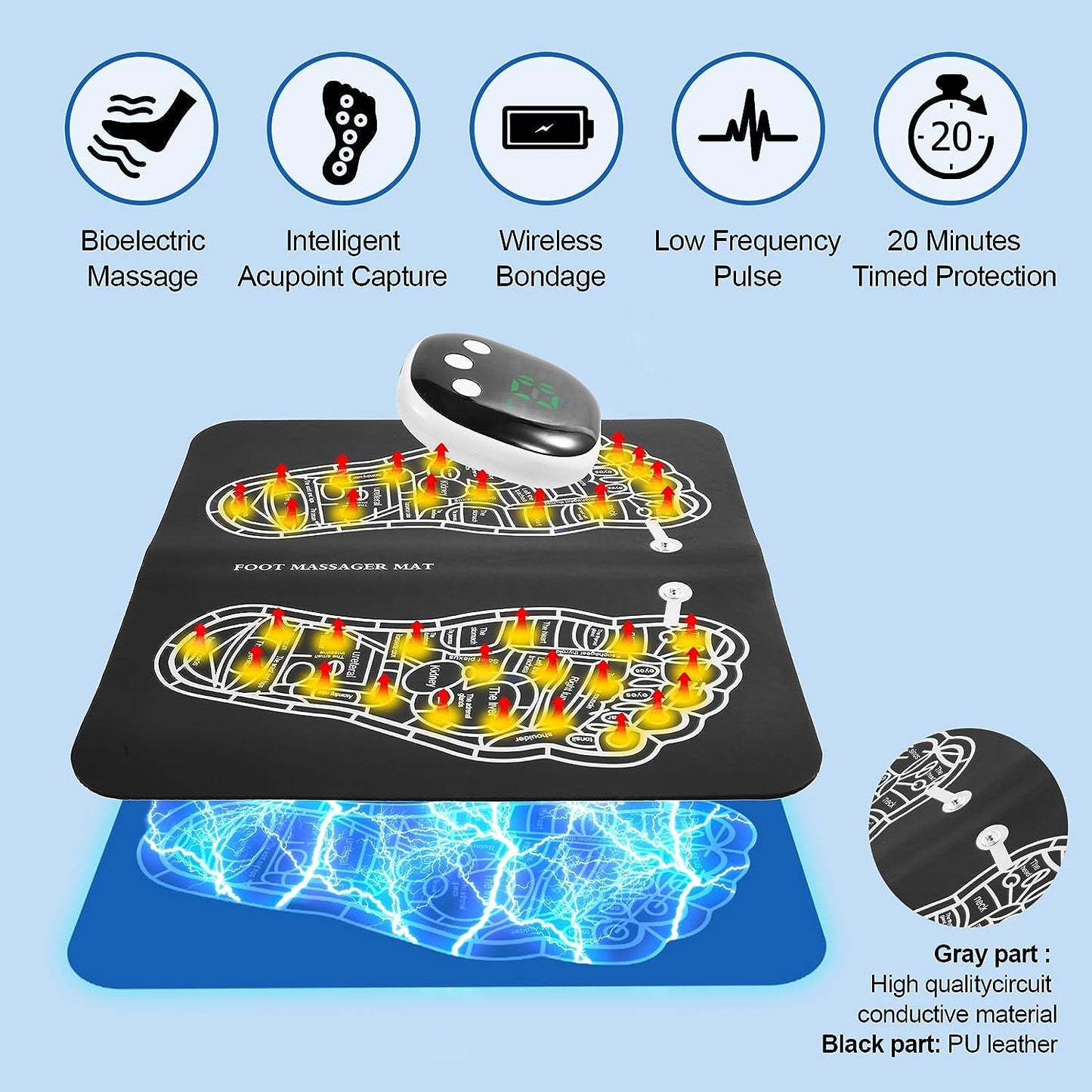 EMS Foot Massager Mat–Foot Stimulator Massager Pad–Foldable Feet and Calves Massage Machine with 8 Modes and 19 Intensity Levels for Improved Circulation, Muscle Relaxation, and Pain Relief