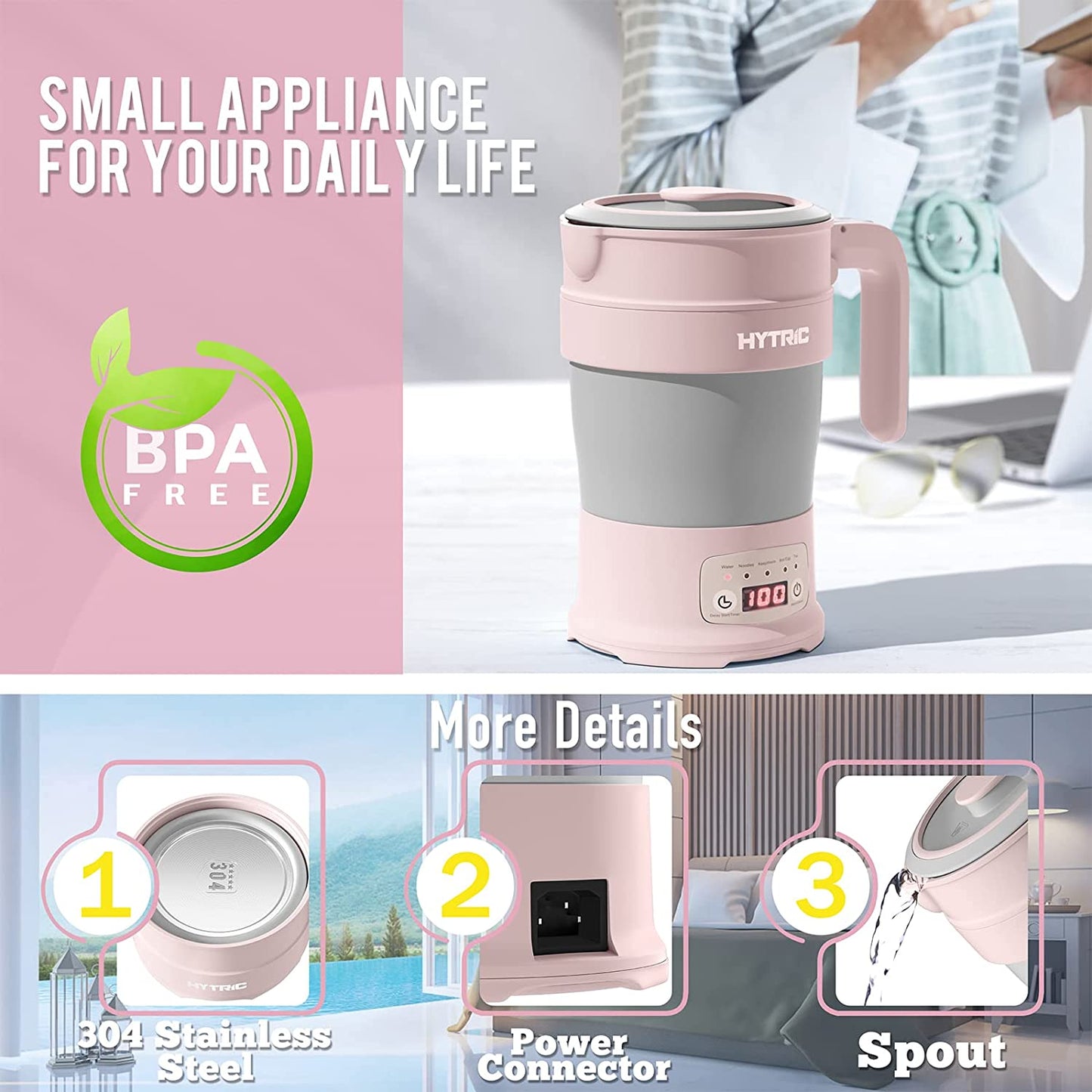 Travel Electric Kettle, 700ML Foldable Small Electric Kettle BPA-Free, Portable Electric Kettle with Multifunctional Panel, Collapsible Hot Water Kettle with Keep Warm & Delay Start, 110V Pink