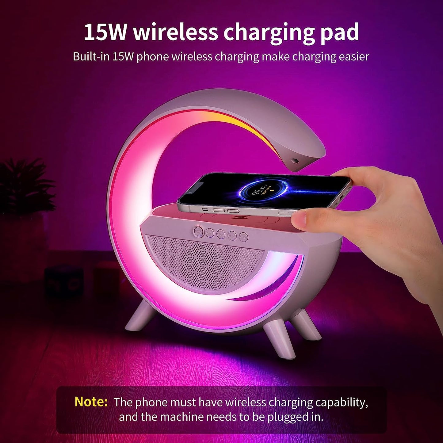 Table Lamp with Wireless Charger, Ambient Lighting with Bluetooth Speakers, 15w Qi Wireless Charger, Dazzling Running Lights Table Lamps, Colour Changing Bedside Lamp, Mood lighting/Gifts (White)