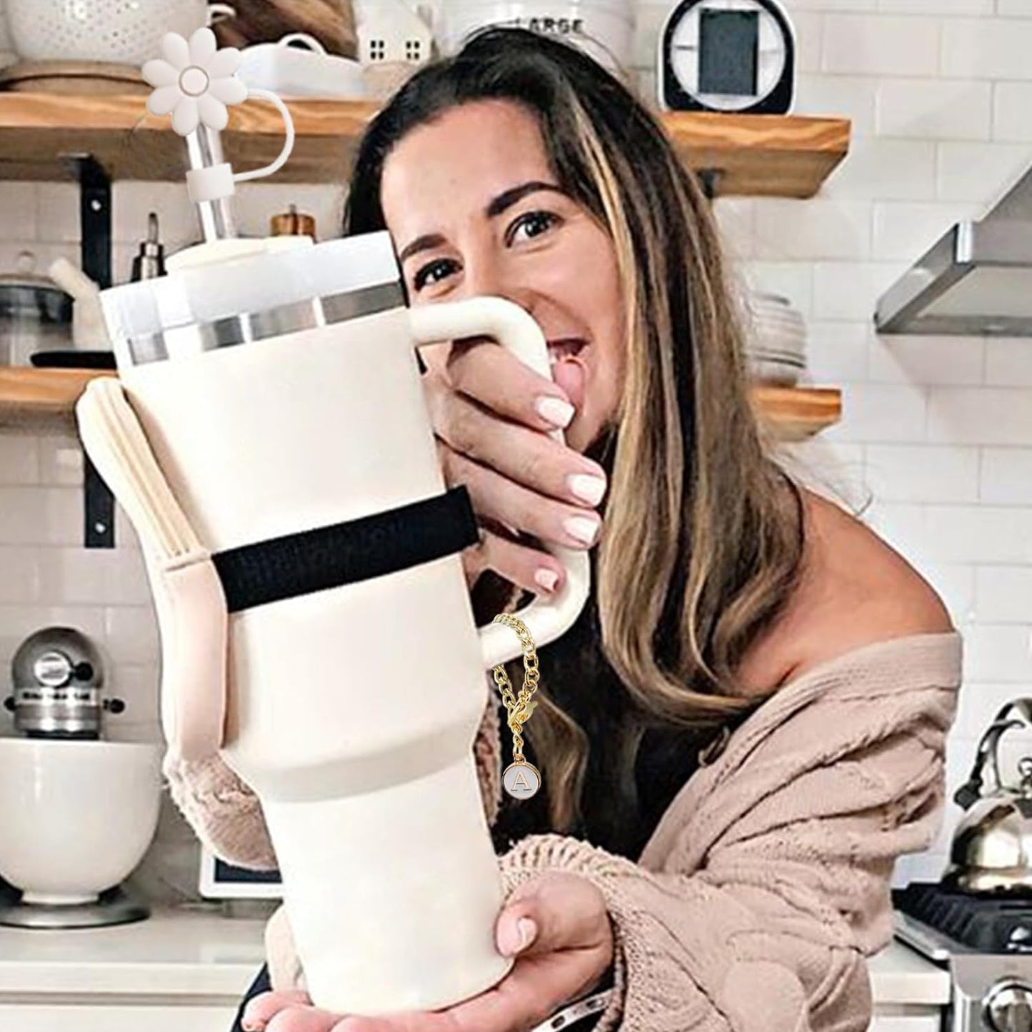 (4+2) 4PCS Flower Straw Covers Toppers for Stanley Cups 30&40 Oz Tumbler Silicone Straw Caps Tips with 2PCS Initial Letter Charms Personalized Stanley Tumblers Accessories(Off White+Letter A)