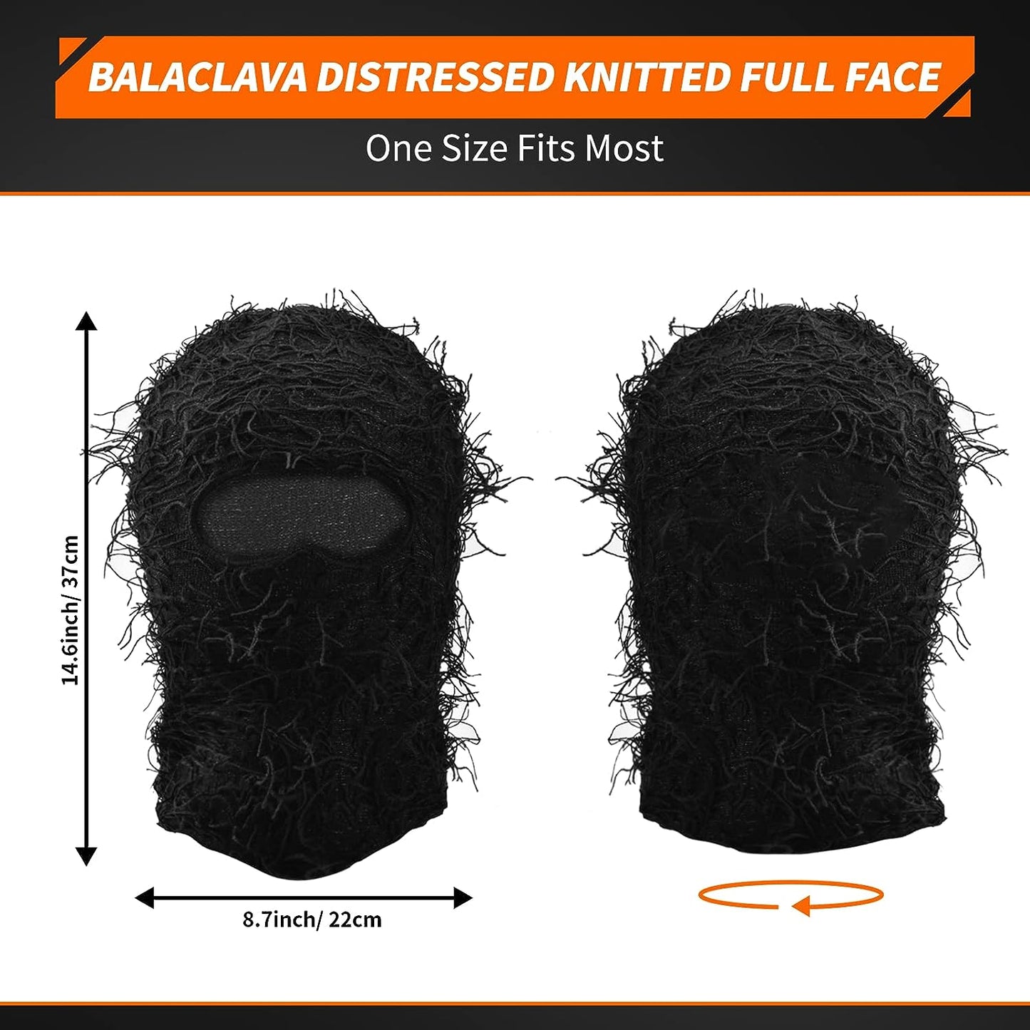 Distressed Knitted Balaclava Full Face Ski Windproof Neck Warmer for Men Women, One Size Fits All Black