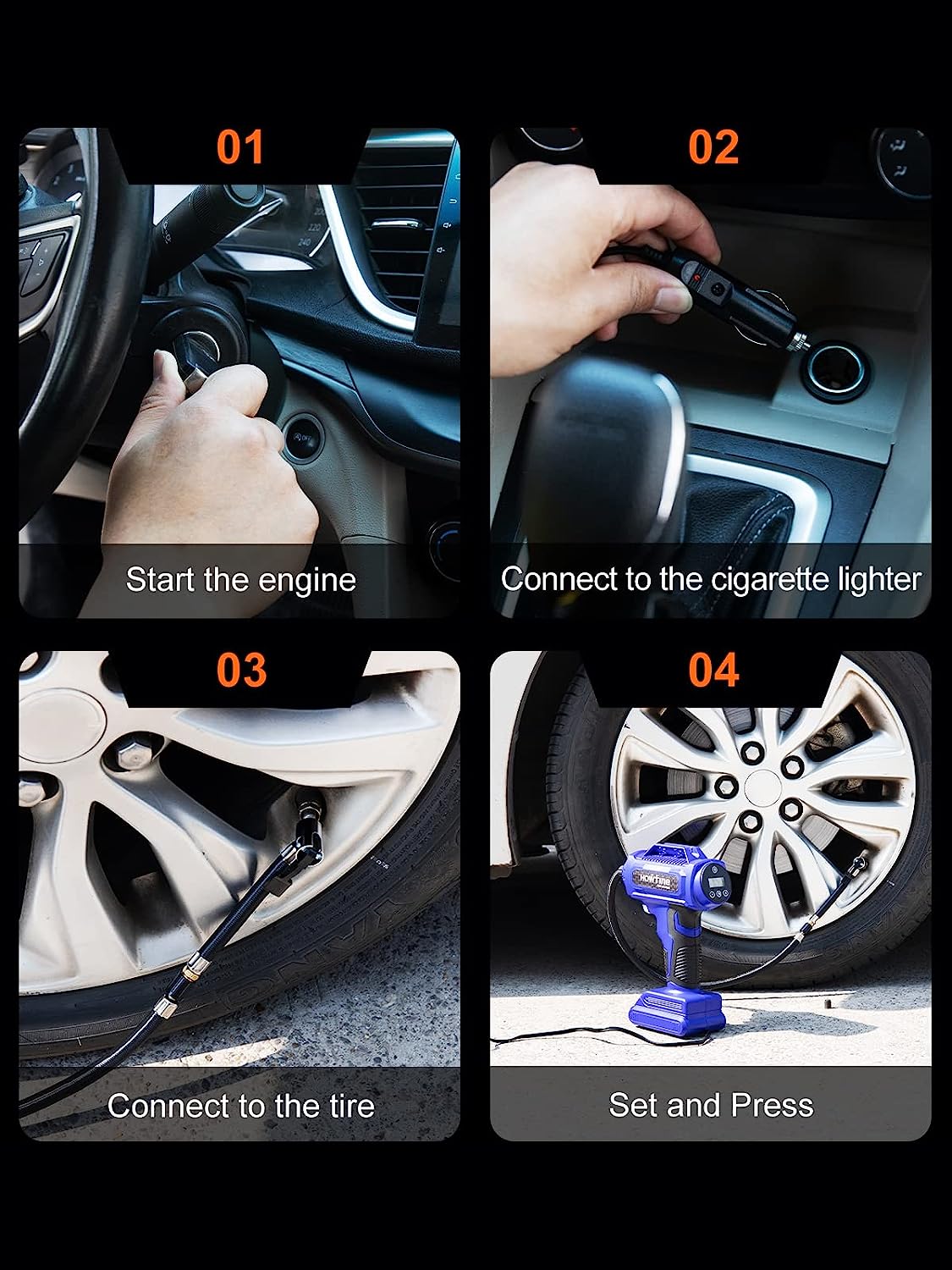 Tire Inflator Portable Air Compressor – 12V DC 150 PSI Air Pump for Car Tires with Digital Pressure Gauge and Emergency Led Light, 15ft Corded Handheld Auto-off Car Tire Pump