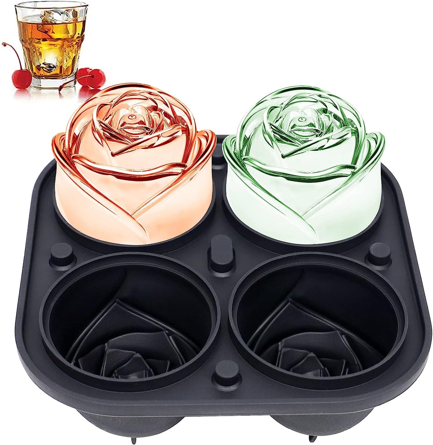 3D Rose Ice Molds 2.5 Inch, Large Ice Cube Trays, Make 4 Giant Cute Flower Shape Ice, Silicone Rubber Fun Big Ice Ball Maker for Cocktails Juice