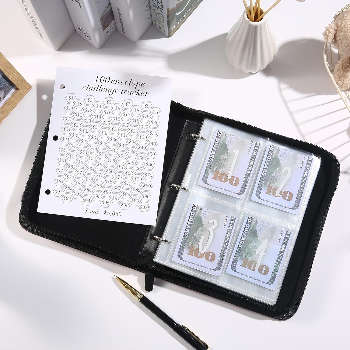 100 Envelopes Money Saving Challenge Binder with Laminated Tracker, PU Money Saving Challenge Budget Binder with Cash Envelopes, Savings Challenge Book with Zipper