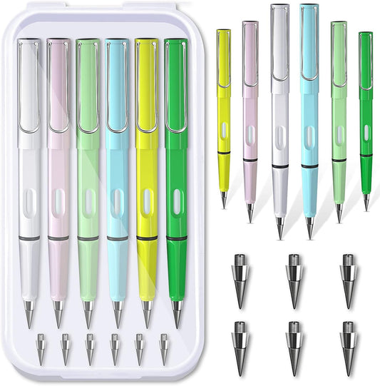 6 Pcs Inkless Pencils Eternal with Pencil Case, Everlasting Pencil with 6 pcs Replacement Nibs, Infinite Pencil, Unlimited Writing Pencil, Reusable Erasable Pencil for Student Artist Writing Drawing