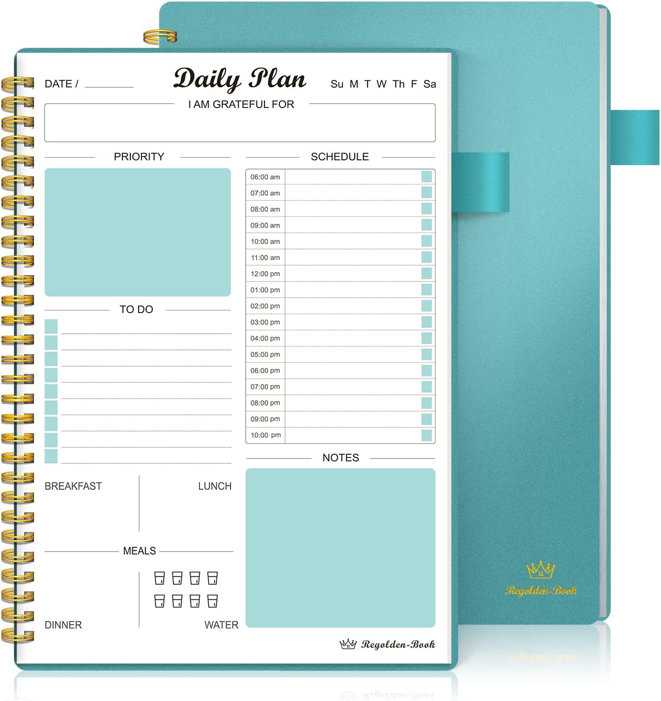 Daily Planner Undated, To Do List Notebook with Hourly Schedule Calendars Meal, Spiral Appointment Organizers Notebook for Man/Women, Pocket,Pen Loop, 160 Pages (7x10")