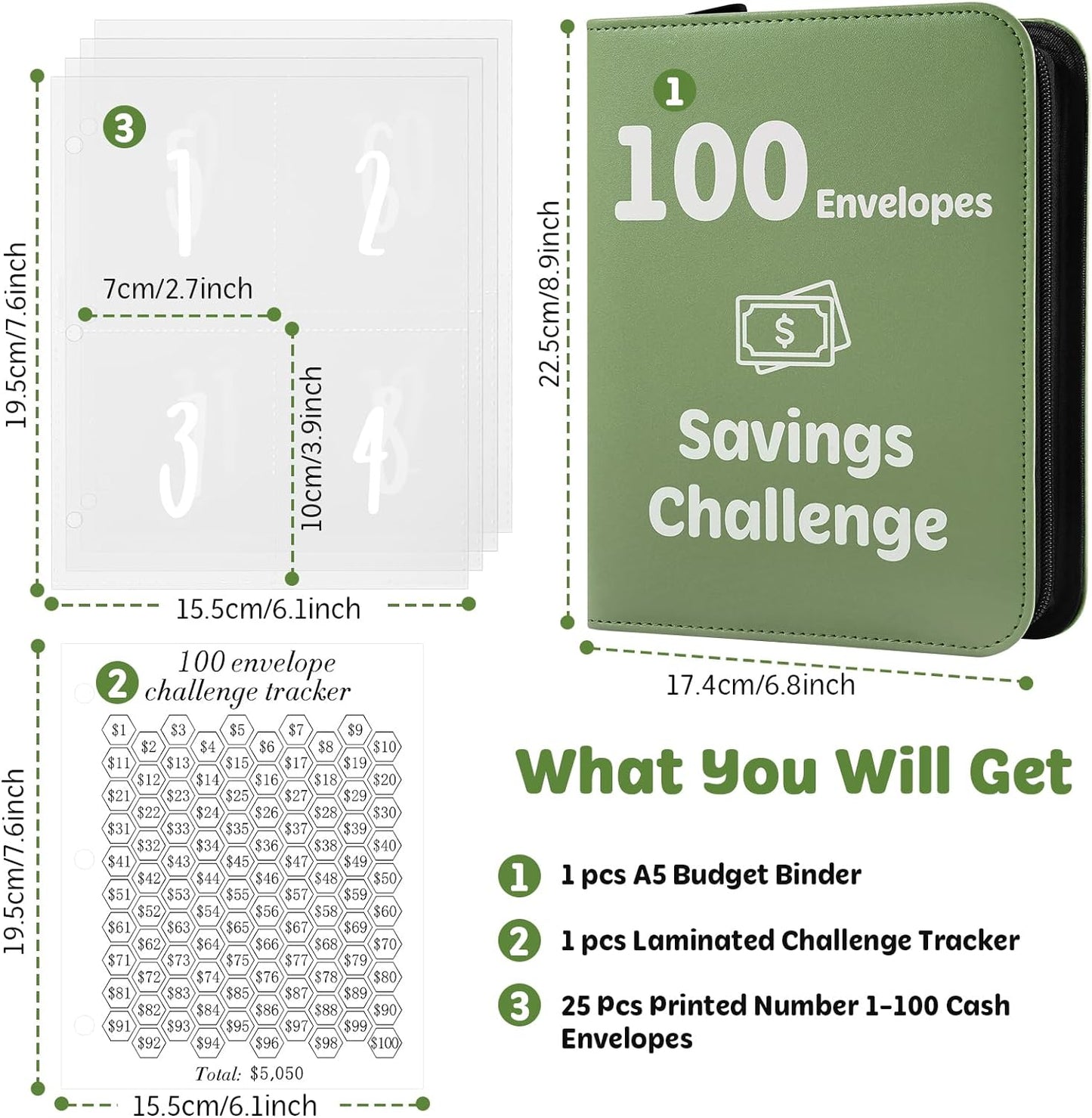 100 Envelopes Money Saving Challenge Binder with Laminated Tracker, PU Money Saving Challenge Budget Binder with Cash Envelopes, Savings Challenge Book with Zipper