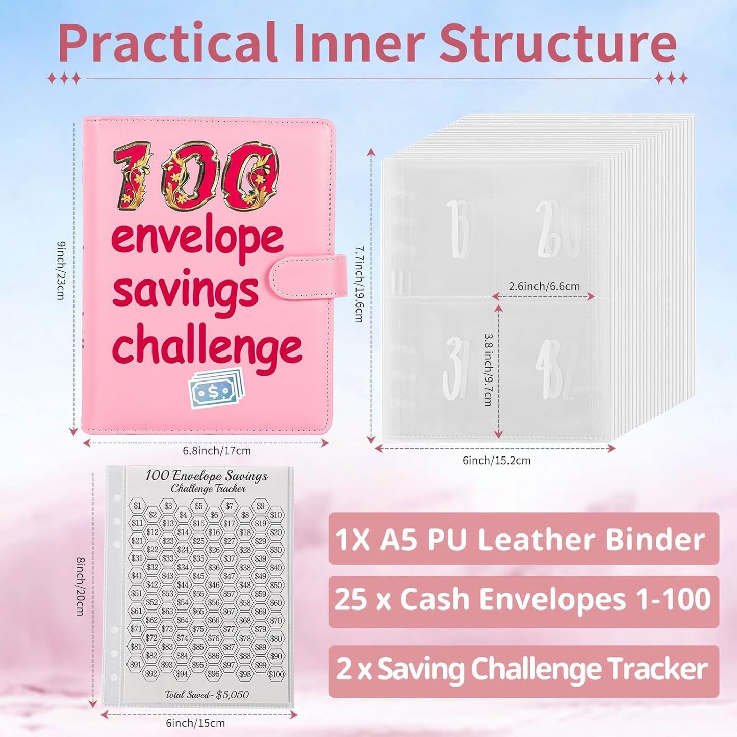 100 Envelopes Challenge Binder,A5 Money Saving Budget Binder-Easy & Fun Way to Save $5,050,Savings Challenges Book with Cash Envelopes for Home,Office,School (Pink)
