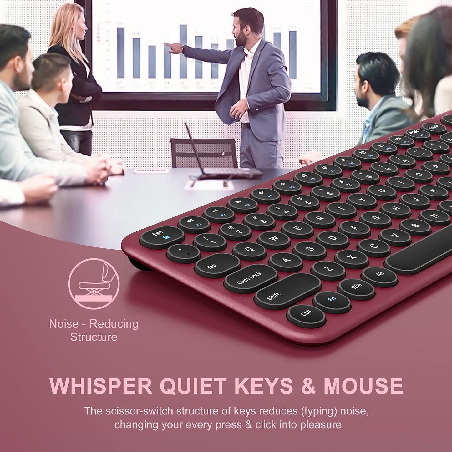 Wireless Keyboard and Mouse, XTREMTEC 2.4G Full Size Wireless Keyboard Mouse Combo - Ultra Slim Silent Cute Computer Keyboard with USB Receiver for Windows, OS, PC, Desktop, Mac, Tablet (Wine Red)
