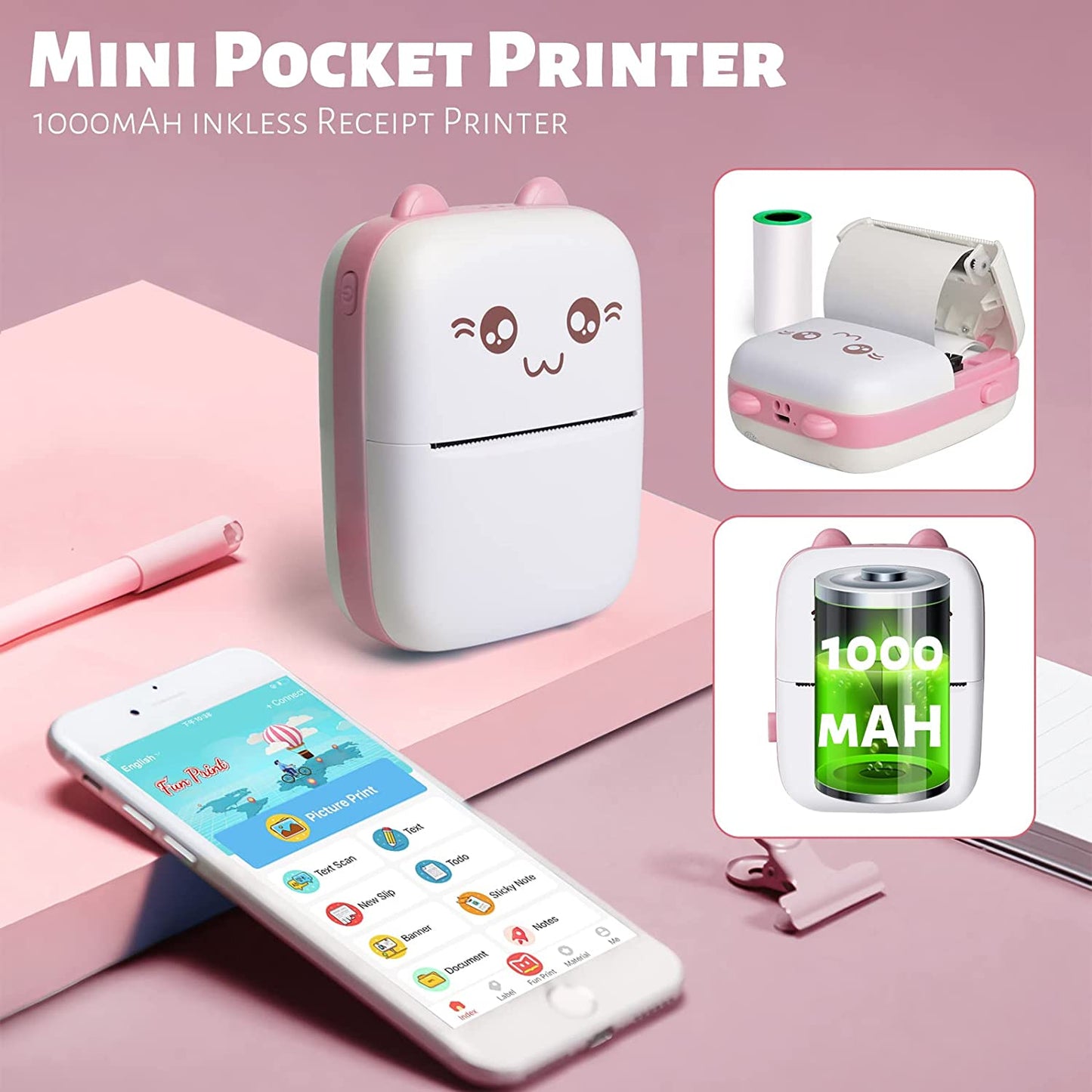 Mini Pocket Printer, Gifts for kids, Portable Thermal Printer for Pictures/Retro-Style Photos/Receipts/Notes/Lists/Label/ Memo/QR Codes, Bluetooth Wireless Smart Printer with Android or iOS APP (PINK)
