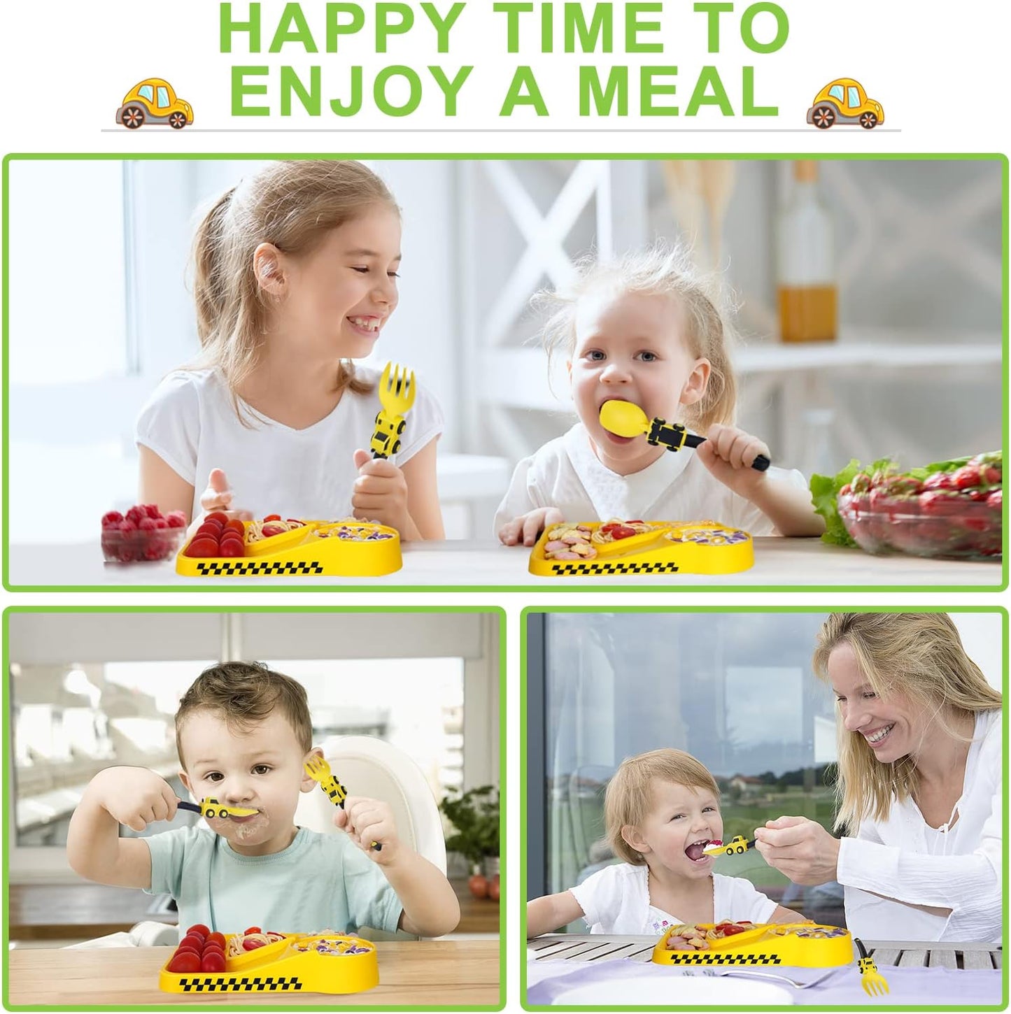 Toddler Plates - Toddler eating Utensil set with Spoon Fork and Removable Straw - Construction theme Toddler Utensils - Baby Plates Feeding set - Construction Plates and Cutlery