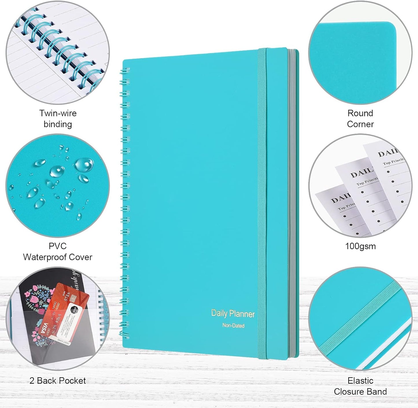 Daily Planner Undated, Asten To Do List Notebook Hourly Schedules Spiral Appointment Planner for Men and Women,PVC Hardcover,Elastic Closure, Inner Pocket 8.3" x 5.8"